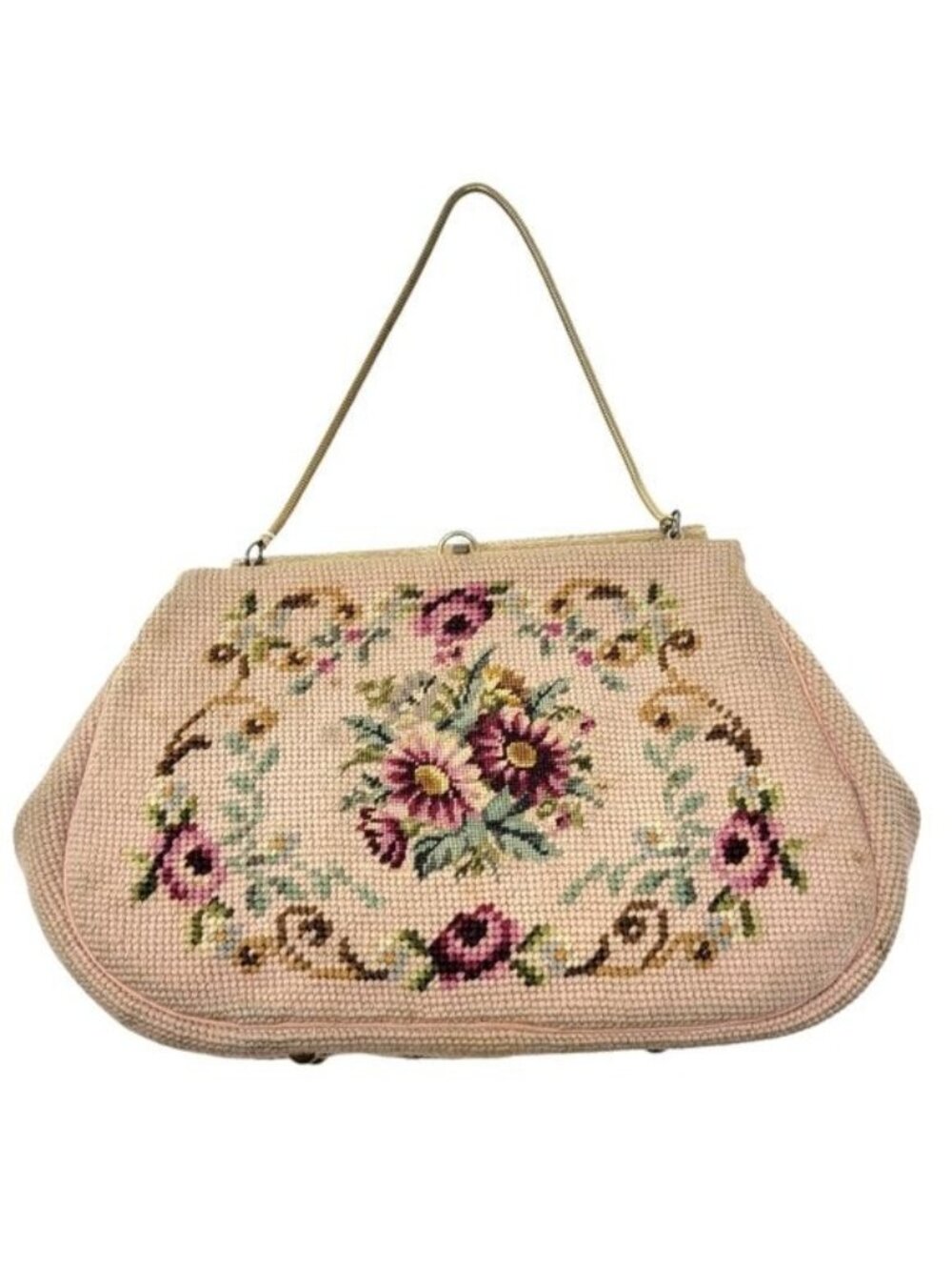 Martha Klein Vintage | Needlepoint Floral Cream Mother of Pearl Handbag Purse